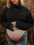 Momnfancy Black Knitting High Neck Flare Sleeve Fashion Loose Maternity Short Sweater