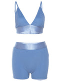 Momnfancy Blue Spaghetti Straps 2-in-1 Crop Adjustable-straps Off-shoulder V-neck High Waisted Sports Maternity Jumpsuit Set