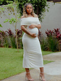 Momnfancy White Ruched Off Shoulder Backless Elegant Maternity Maxi Dress