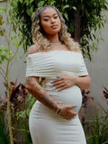 Momnfancy White Ruched Off Shoulder Backless Elegant Maternity Maxi Dress