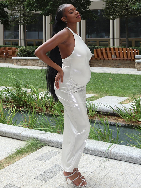 Momnfancy Foil Metallic Ruched Twisted Backless Maternity Photoshoot Maxi Dress