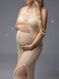 Momnfancy Chic Apricot Double Slit Crochet Knitwear Distressed Cutout Maternity Photoshoot Maxi Dress