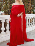 Momnfancy Elegant Irregular Falbala Floor Mopping Off Shoulder Flowy Maternity Photoshoot Maxi Dress