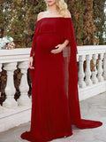 Momnfancy Elegant Irregular Falbala Floor Mopping Off Shoulder Flowy Maternity Photoshoot Maxi Dress