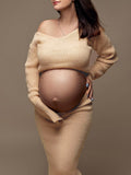 Momnfancy Elegant Apricot 2-in-1 Crochet Knitwear Off Shoulder Bodycon Maternity Photoshoot Maxi Dress