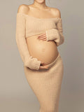 Momnfancy Elegant Apricot 2-in-1 Crochet Knitwear Off Shoulder Bodycon Maternity Photoshoot Maxi Dress