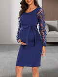 Momnfancy Elegant Dark Blue Belt Flowers Grenadine Transparent Bodycon Ruffle Maternity Babyshower Midi Dress