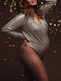 Momnfancy Elegant Silver Sequin Sparkly Ruffle Patchwork Bodycon Pregnancy Photoshoot Bodysuit Maternity Jumpsuit