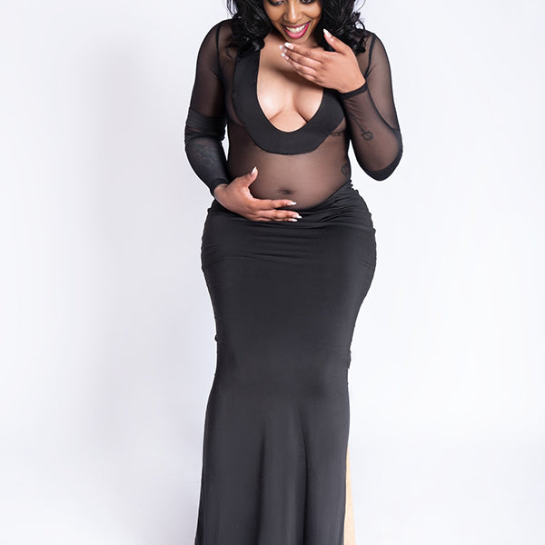 Momnfancy Black Mesh Patchwork Sheer Maternity Photoshoot Maxi Dress