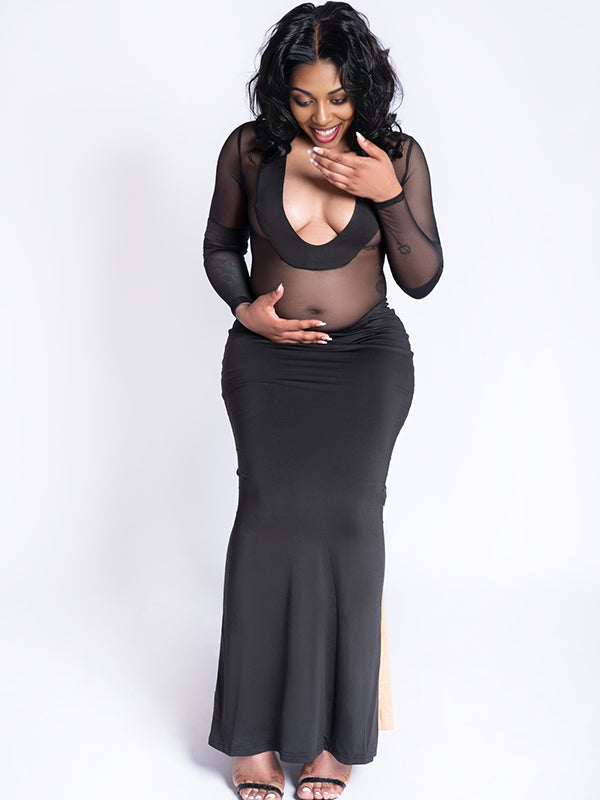 Momnfancy Black Mesh Patchwork Sheer Maternity Photoshoot Maxi Dress