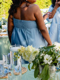Momnfancy Blue Satin Big Bow One Shoulder A-line Maternity Maxi Dress