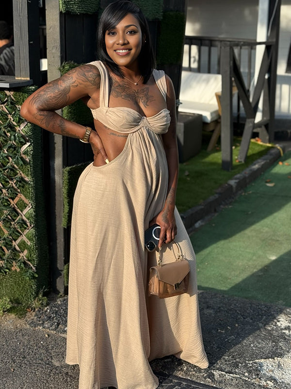 Momnfancy Apricot Backless Big Swing Flowy Maternity Maxi Dress