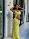 Momnfancy Yellow Skeleton Lace-up Crochet Maternity Photoshoot Maxi Dress