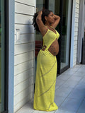 Momnfancy Yellow Skeleton Lace-up Crochet Maternity Photoshoot Maxi Dress