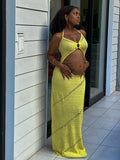 Momnfancy Yellow Skeleton Lace-up Crochet Maternity Photoshoot Maxi Dress