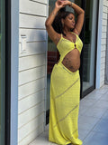 Momnfancy Yellow Skeleton Lace-up Crochet Maternity Photoshoot Maxi Dress