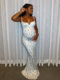 Momnfancy Green Lace-up Striped Crushed Flower Maternity Photoshoot Maxi Dress