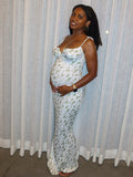 Momnfancy Green Lace-up Striped Crushed Flower Maternity Photoshoot Maxi Dress