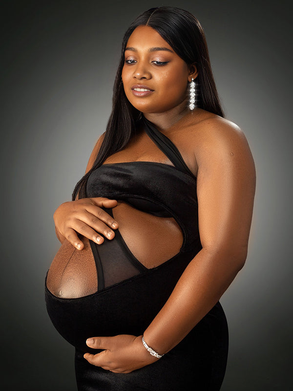 Momnfancy Black Oblique Shoulder Splicing Maternity Photoshoot Maxi Dress
