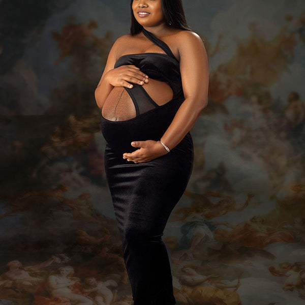 Momnfancy Black Oblique Shoulder Splicing Maternity Photoshoot Maxi Dress