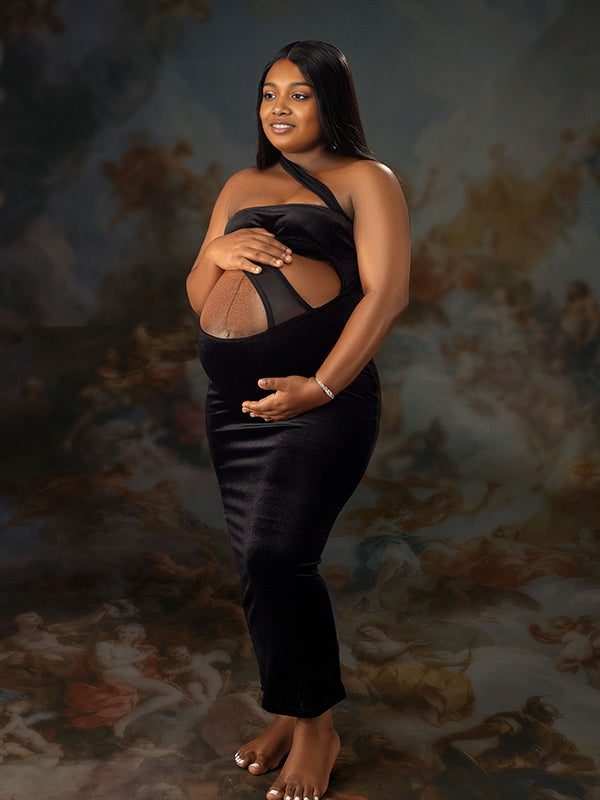 Momnfancy Black Oblique Shoulder Splicing Maternity Photoshoot Maxi Dress