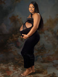 Momnfancy Black Oblique Shoulder Splicing Maternity Photoshoot Maxi Dress