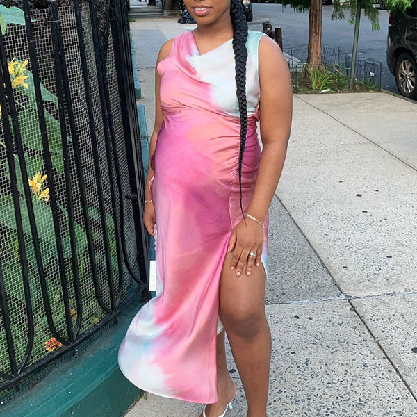 Momnfancy Pink Side Slit Tie Dye Maternity Photoshoot Maxi Dress