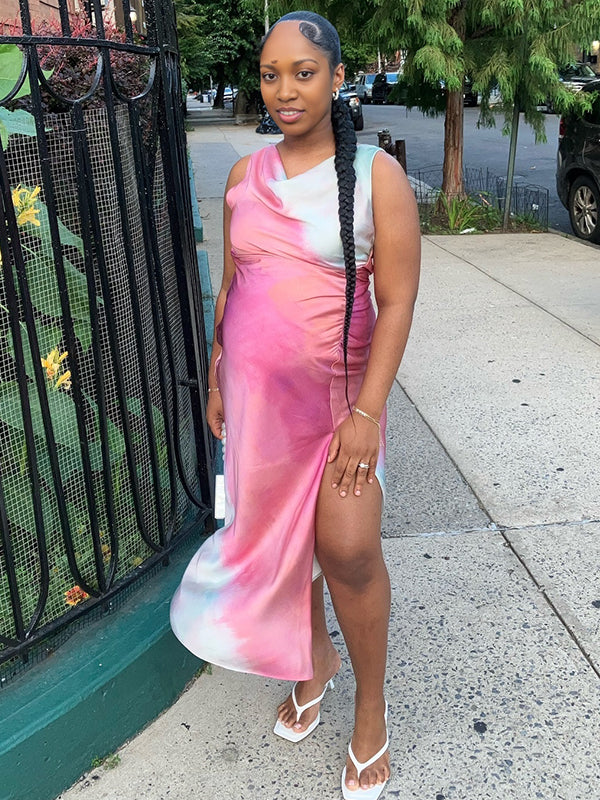Momnfancy Pink Side Slit Tie Dye Maternity Photoshoot Maxi Dress