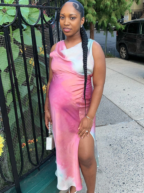 Momnfancy Pink Side Slit Tie Dye Maternity Photoshoot Maxi Dress