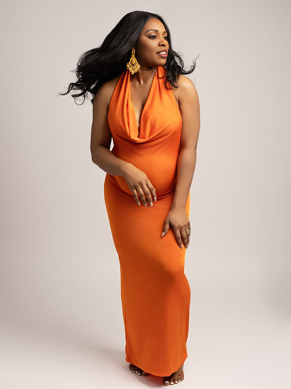 Momnfancy Apricot Halter Neck Bodycon Maternity Photoshoot Maxi Dress