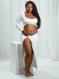 Momnfancy White Side Slit Ruched Maternity Photoshoot Maxi Dress