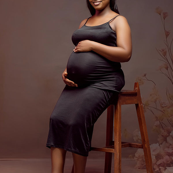 Momnfancy Black V Neck Spaghetti Strap Maternity Photoshoot Maxi Dress