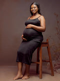 Momnfancy Black V Neck Spaghetti Strap Maternity Photoshoot Maxi Dress