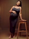 Momnfancy Black V Neck Spaghetti Strap Maternity Photoshoot Maxi Dress