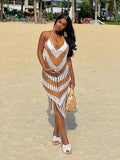 Momnfancy Coffee Striped Cut Out Irregular Tassel Maternity Maxi Dress