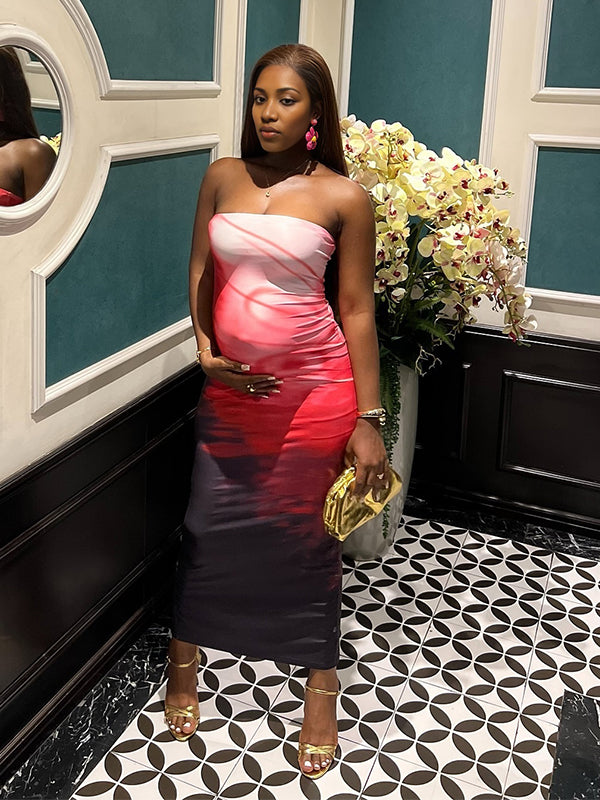 Momnfancy Red Printed Tube Bodycon Maternity Maxi Dress