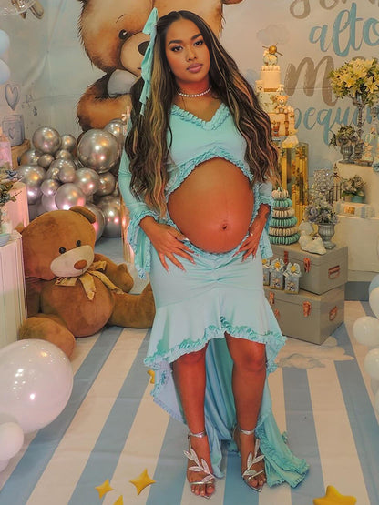 Momnfancy Blue Ruffle Cut Out Mermaid Maternity Baby Shower Maxi Dress