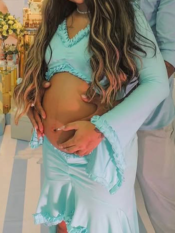 Momnfancy Blue Ruffle Cut Out Mermaid Maternity Baby Shower Maxi Dress