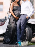 Momnfancy Black Lace Cami Big Swing Elegant Maternity Maxi Dress
