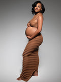 Momnfancy Camel Crop Striped Two Piece Knitwear Maternity Maxi Dress
