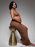 Momnfancy Camel Crop Striped Two Piece Knitwear Maternity Maxi Dress