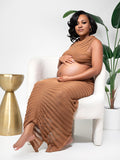 Momnfancy Camel Crop Striped Two Piece Knitwear Maternity Maxi Dress