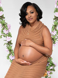 Momnfancy Camel Crop Striped Two Piece Knitwear Maternity Maxi Dress