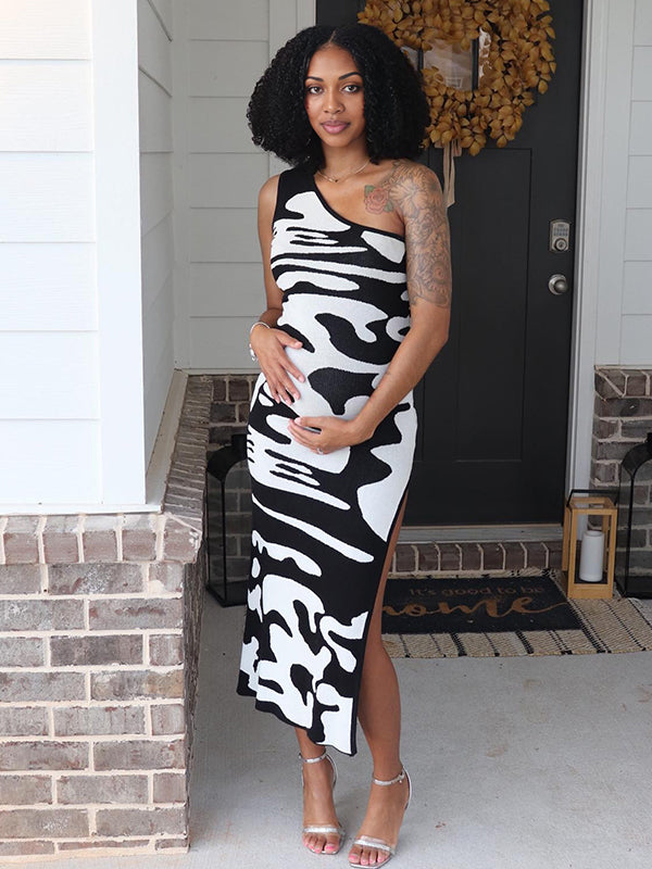 Momnfancy Zebra Printed Knitted One Shoulder Side Slit Maternity Maxi Dress