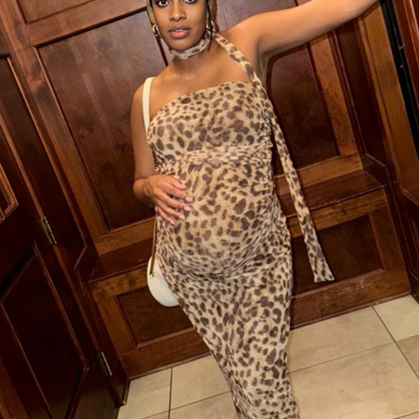 Momnfancy Leopard Ruched Bandeau 2-in-1 Chic Maternity Maxi Dress