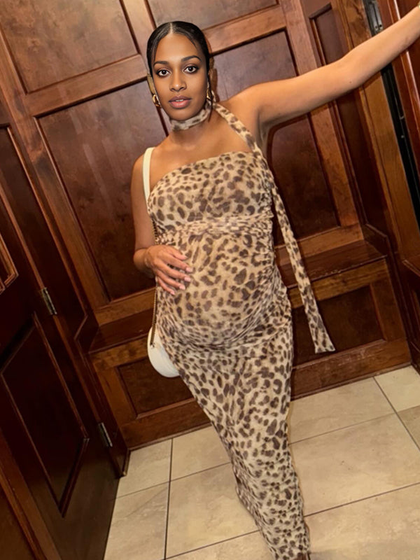 Momnfancy Leopard Ruched Bandeau 2-in-1 Chic Maternity Maxi Dress