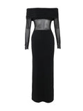 Momnfancy Black Mesh Ruched Off Shoulder Elegant Maternity Maxi Dress