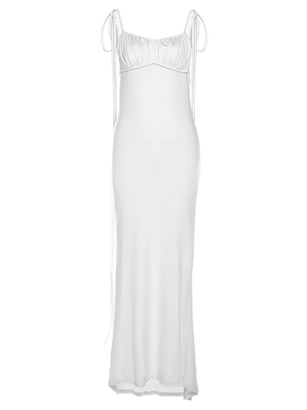 Momnfancy White Ruched Cami Backless Elegant Maternity Maxi Dress