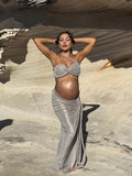 Momnfancy Halter Neck Backless Spaghetti Strap Maternity Maxi Dress