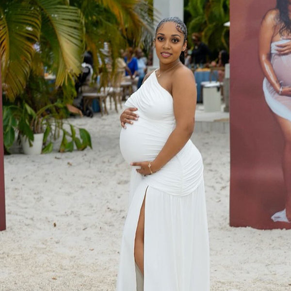 Momnfancy Irregular Collar Side Slit Maternity Maxi Dress